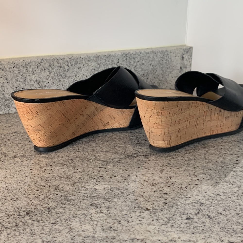Franco Sarto Platform Sandals, cork platform with black leather uppers, size 11 - Picture 6 of 11